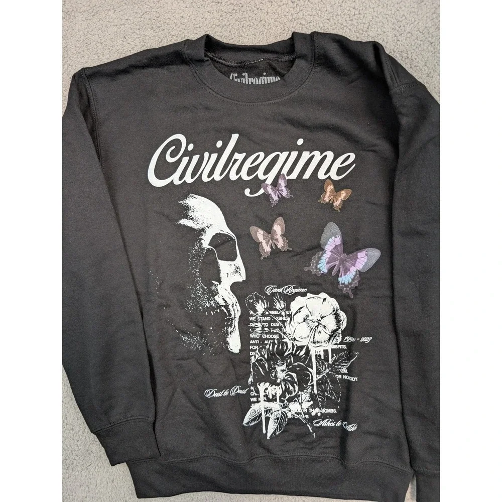 Civil Regime Sweater Sweatshirt Mens Small Black Skull Floral Butterflies New
